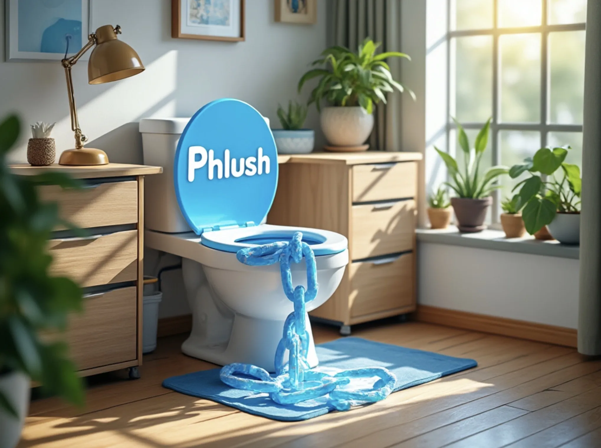 Phlush Permalinks toilet with a chain coming out of it in a nice looking bathroom